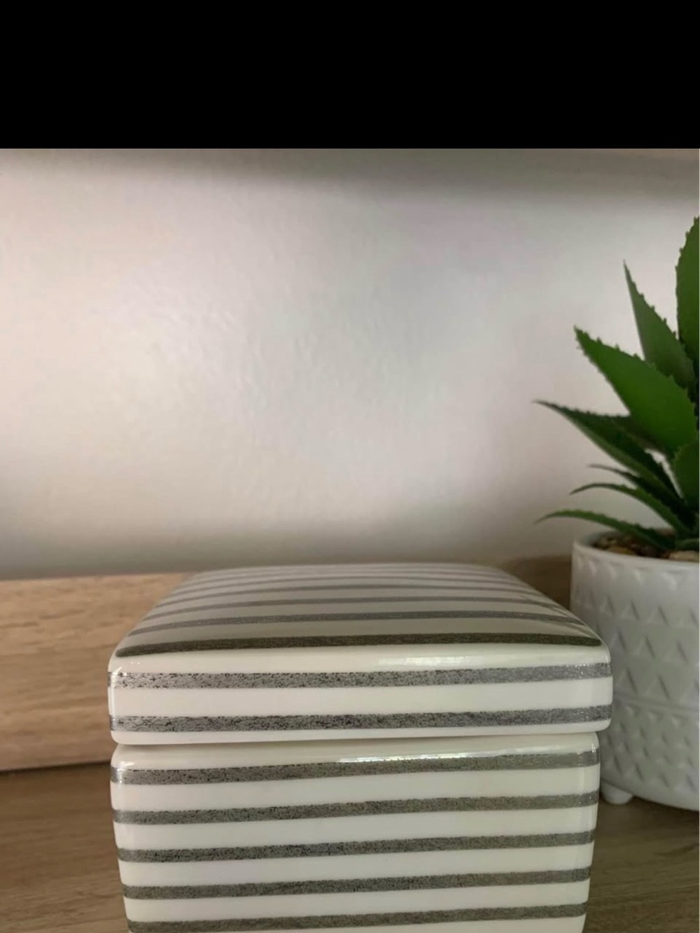 J. Crew White and Silver Striped Ceramic Jewelry Box